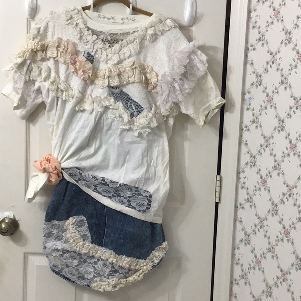 Vintage 80s 2-Piece Lace Embellished Wearable Art Skirt & Bodysuit Set